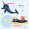 Letter N tracing. Narwhal. Nudibranch. Marine alphabet