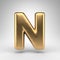 Letter N uppercase on white background. Golden 3D letter with gloss metal texture.