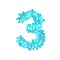 The letter number three or 3, in the alphabet Crystal diamond 3D virtual set illustration Gemstone concept design blue color, iso