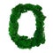 Letter O of the English alphabet made from green stabilized moss, isolated on white background