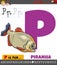 Letter P from alphabet with cartoon piranha animal character