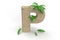 Letter p from the alphabet made of sand with palm trees for summer vacation