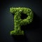 Letter P with moss. Large soft forest font. Green typographic symbol made of leaves.