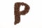 Letter P roasted coffee beans with white background