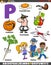 Letter P set with cartoon objects and characters