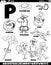 Letter P set with cartoon objects and characters coloring page