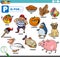 Letter p words educational set with cartoon characters