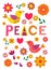 Letter phrase Peace. Vintage 70s floral and bird print. Hand drawing font.