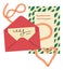 Letter and postcard. Postal paper element. Sending mail. Open envelope and invitation page with ribbon. Post