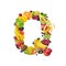 Letter Q made of different tropical fruits and berries, exotic fruit font isolated on white background, healthy alphabet