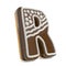 Letter R chocolate Christmas gingerbread font decorated with white lines and points. 3D