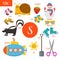 Letter S. Cartoon alphabet for children. Submarine, sun, scissor