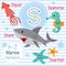 Letter S tracing. Shark. Squid. Starfish. Seahorse. Marine alphabet