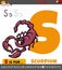 Letter S worksheet with cartoon scorpion animal character