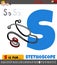 Letter S worksheet with cartoon stethoscope medical device