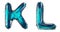 Letter set K, L made of realistic 3d render blue color. Collection of low polly style