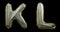 Letter set K, L made of realistic 3d render silver color. Collection of gold low polly style