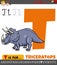 Letter T from alphabet with cartoon triceratops prehistoric animal