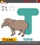 Letter T educational worksheet with cartoon tapir animal