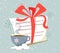 A letter to Santa Claus tied with a ribbon with a hot mug of drink on the background of snow and snowflakes. Flat style illustrati