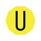 The letter U is black in color with a yellow decagon