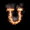 Letter U burning in fire with smoke, digital art isolated on black background, a letter from alphabet set