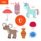 Letter U. Cartoon alphabet for children. Unicorn, umbrella, urn, underwear, urchin, urial