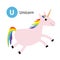 Letter U. Unicorn. Zoo animal alphabet. English abc with cute cartoon kawaii funny baby animals. Education cards for kids.