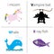 Letter U V W X Unicorn Vampire bat Whale X-ray fish Zoo alphabet. English abc with animals Education cards for kids White