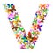 The letter V made up of lots of butterflies of different colors