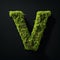 Letter V with moss. Large soft forest font. Green typographic symbol made of leaves.