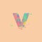 Letter V with multicolored mixed spots of pink, yellow, blue, turquoise paint on peach background