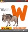 Letter W educational worksheet with wildebeest animal