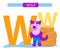 Letter W and funny cartoon wolf. Animals alphabet a-z. Cute zoo alphabet in vector for kids learning English vocabulary. Printable