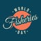 Letter World Fisheries Day with fishing hook on the word fisheries emblem design