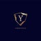 Letter Y Alphabetic logo design template. Decorative floral shield sign illustration. Luxury metalic gold security logo concept.