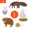 Letter Y. Cartoon alphabet for children. Yo-yo, yak, yacht, yogurt, yurumi