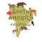 Lettering animals South America on map, background, natural habitat, geographical location, cartoon style vector