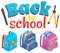 Lettering Back to school , children s school colorful backpacks. Stationery. Educational topics
