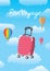 Lettering Bon Voyage. Suitcase and blue sky with clouds.