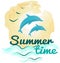 Lettering with dolphin and seascape. Dolphins jump out of water at sunset during summer time
