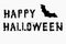 Lettering Happy Halloween. Black torn jagged letters with holiday symbols - spider web, spider, even cat, pumpkin