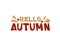 Lettering hello autumn. Decorative inscription in a calm, natural yellow and red color, with a decor of apples and oak