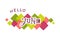 Lettering of Hello June with different letters and white outlines decorated with colorful squares