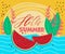 Lettering Hello Summer and bright beautiful watermelon background. Vector illustration. Cool design for banners