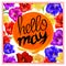 Lettering hellow may. sun orange. background with colorful flowers tulip isolated on white background. Vector EPS10.