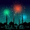 Lettering Jashn E Eid on silhouette of mosque cityscape. Translation Celebration of Eid Festival. Fireworks on abstract night