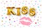 Lettering kiss, love, romance. golden balloon text. Vector bubble speech phrase, cartoon exclusive font label tag, illustration ba
