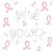 Lettering pink power with ribbons fighting breast cancer contour print for textile design paper, raster copy