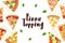 Lettering pizza topping with different kinds of pizza slices